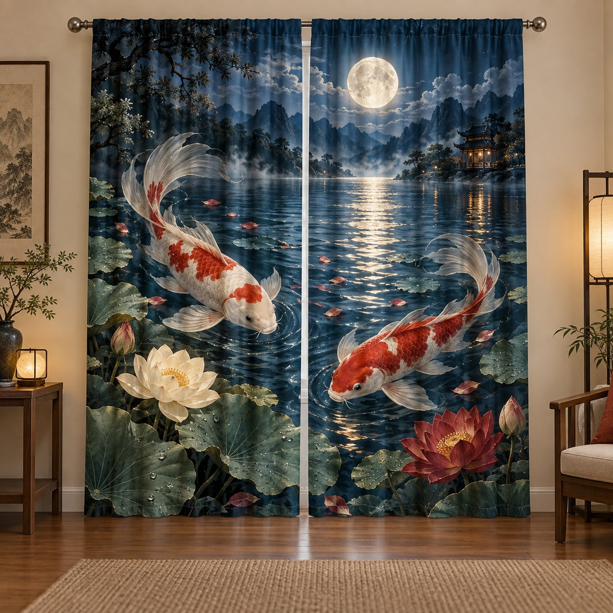 Celestial Koi Window Curtain Pair with dimensional printed themed artwork; representative AI-generated mockup.