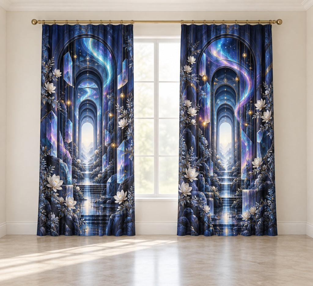 Logic Aurora Nexus Window Curtain Pair with dimensional printed themed artwork; representative AI-generated mockup.