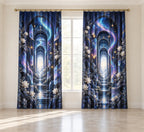 Logic Aurora Nexus Window Curtain Pair with dimensional printed themed artwork; representative AI-generated mockup.