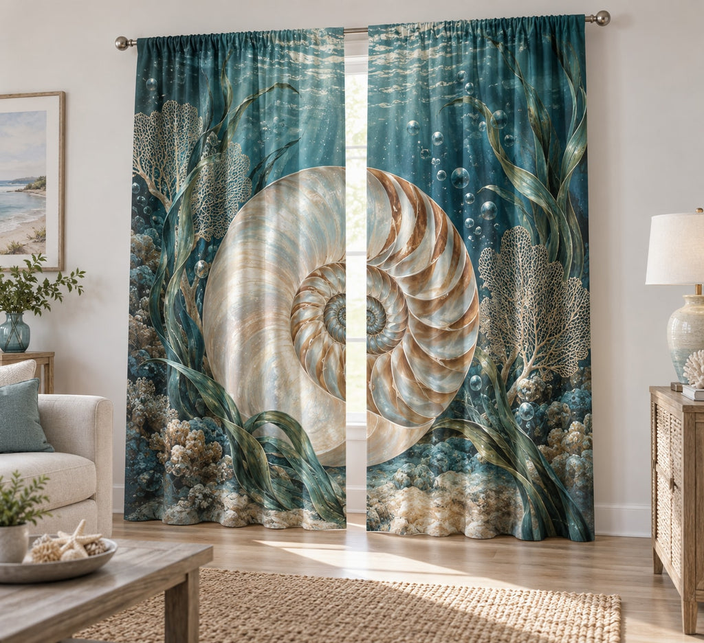 Nautilus Spiral Window Curtain Pair with dimensional printed themed artwork; representative AI-generated mockup.