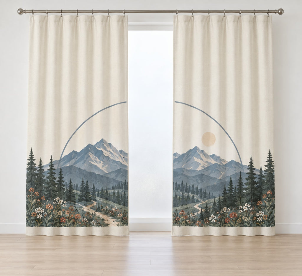 Mountain Elopement Ridge Window Curtain Pair with dimensional printed themed artwork; representative AI-generated mockup.