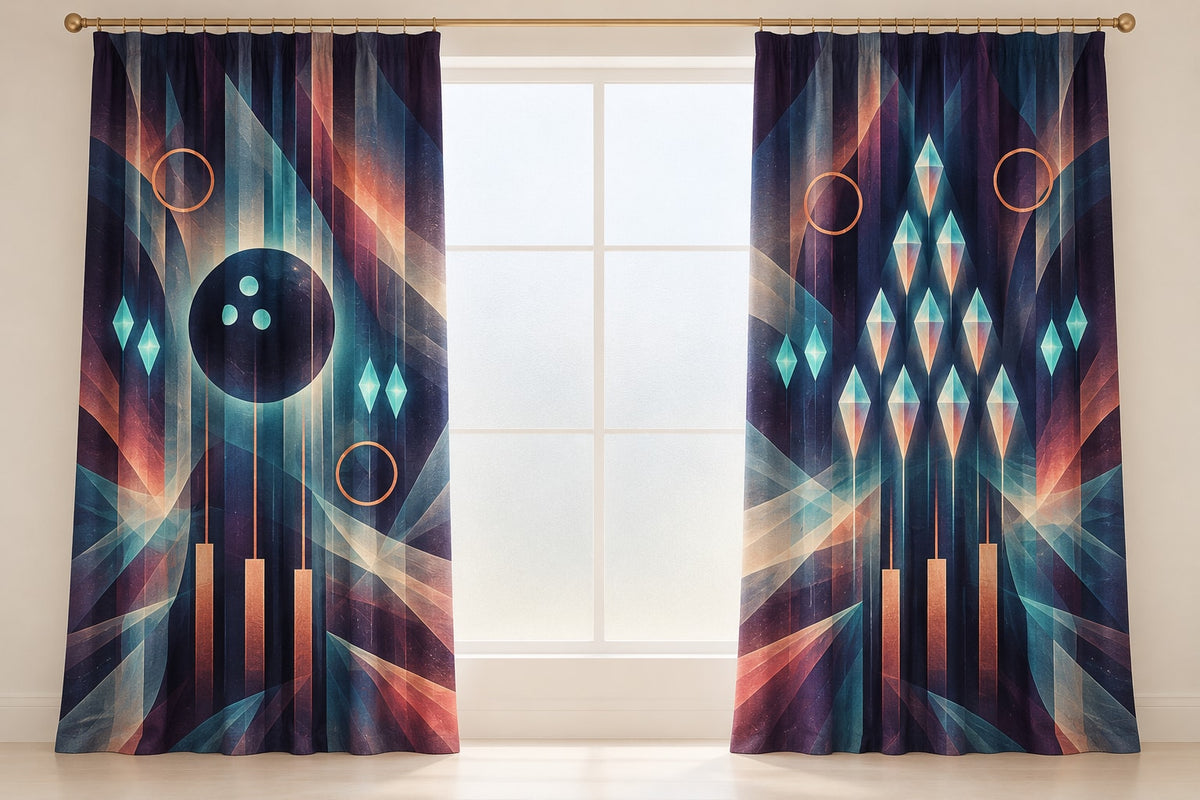 Tenpin Aurora Lattice Window Curtain Pair with dimensional printed themed artwork; representative AI-generated mockup.