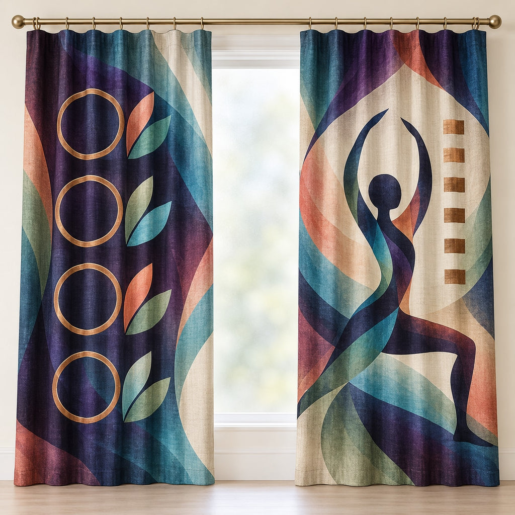 Stillpoint Prism Flow Window Curtain Pair with dimensional printed themed artwork; representative AI-generated mockup.