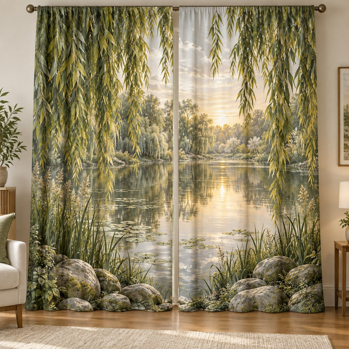 Willow Pond Window Curtain Pair with dimensional printed themed artwork; representative AI-generated mockup.