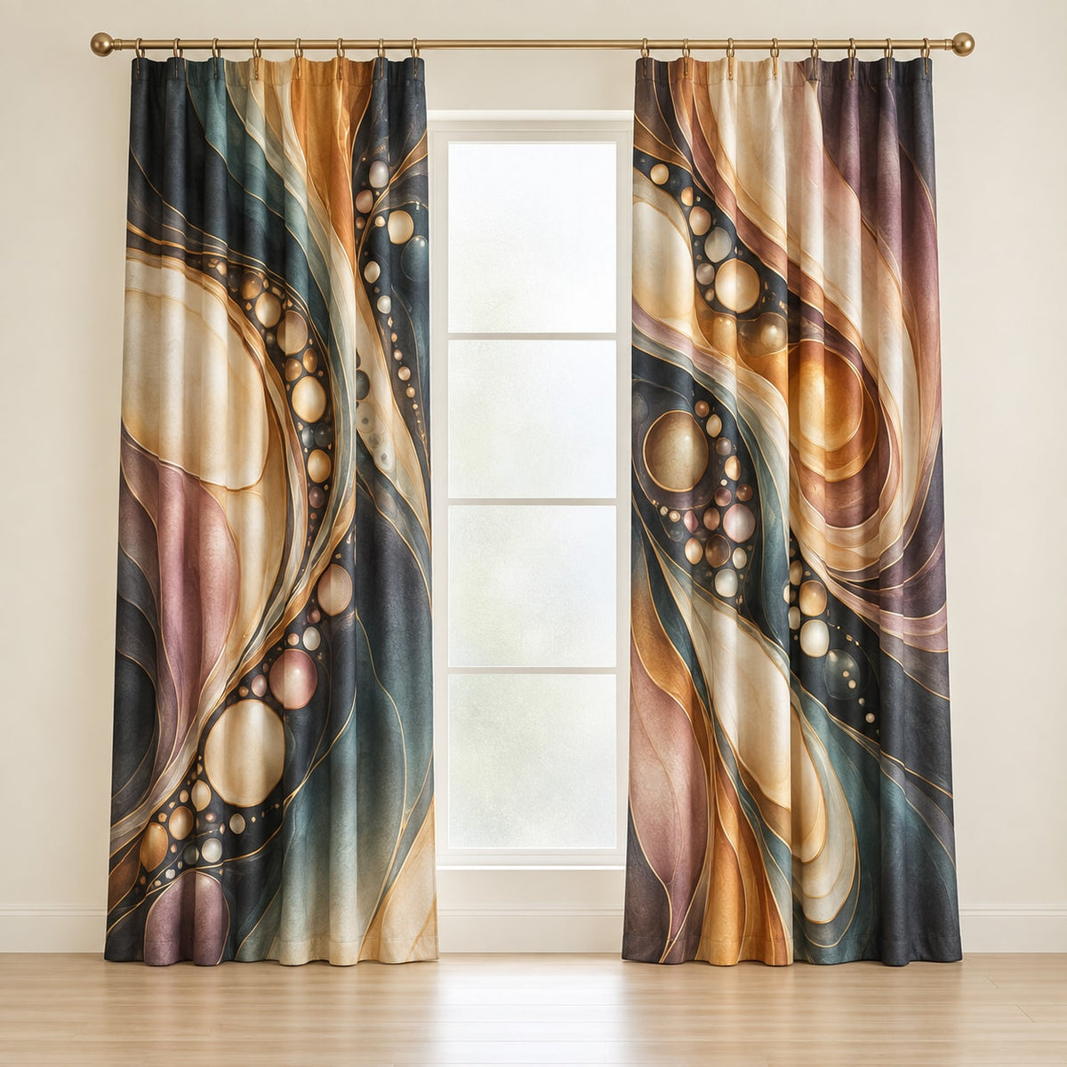 Luminous Waxfold Cascade Window Curtain Pair with dimensional printed themed artwork; representative AI-generated mockup.