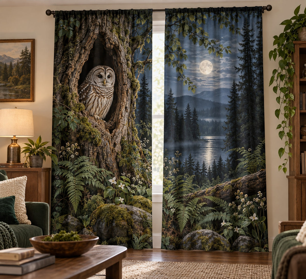 Owl Hollow Window Curtain Pair with dimensional printed themed artwork; representative AI-generated mockup.