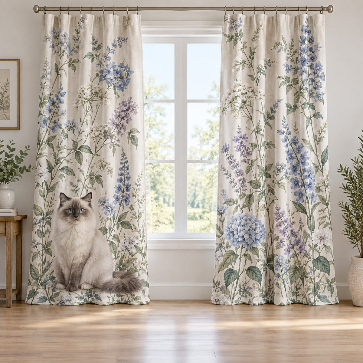 Ragdoll Cat Companion Window Curtain Pair with dimensional printed themed artwork; representative AI-generated mockup.