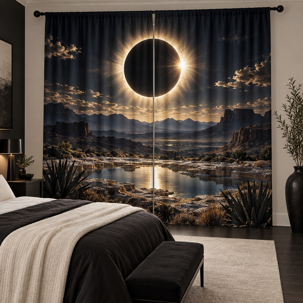 Solar Eclipse Window Curtain Pair with dimensional printed themed artwork; representative AI-generated mockup.