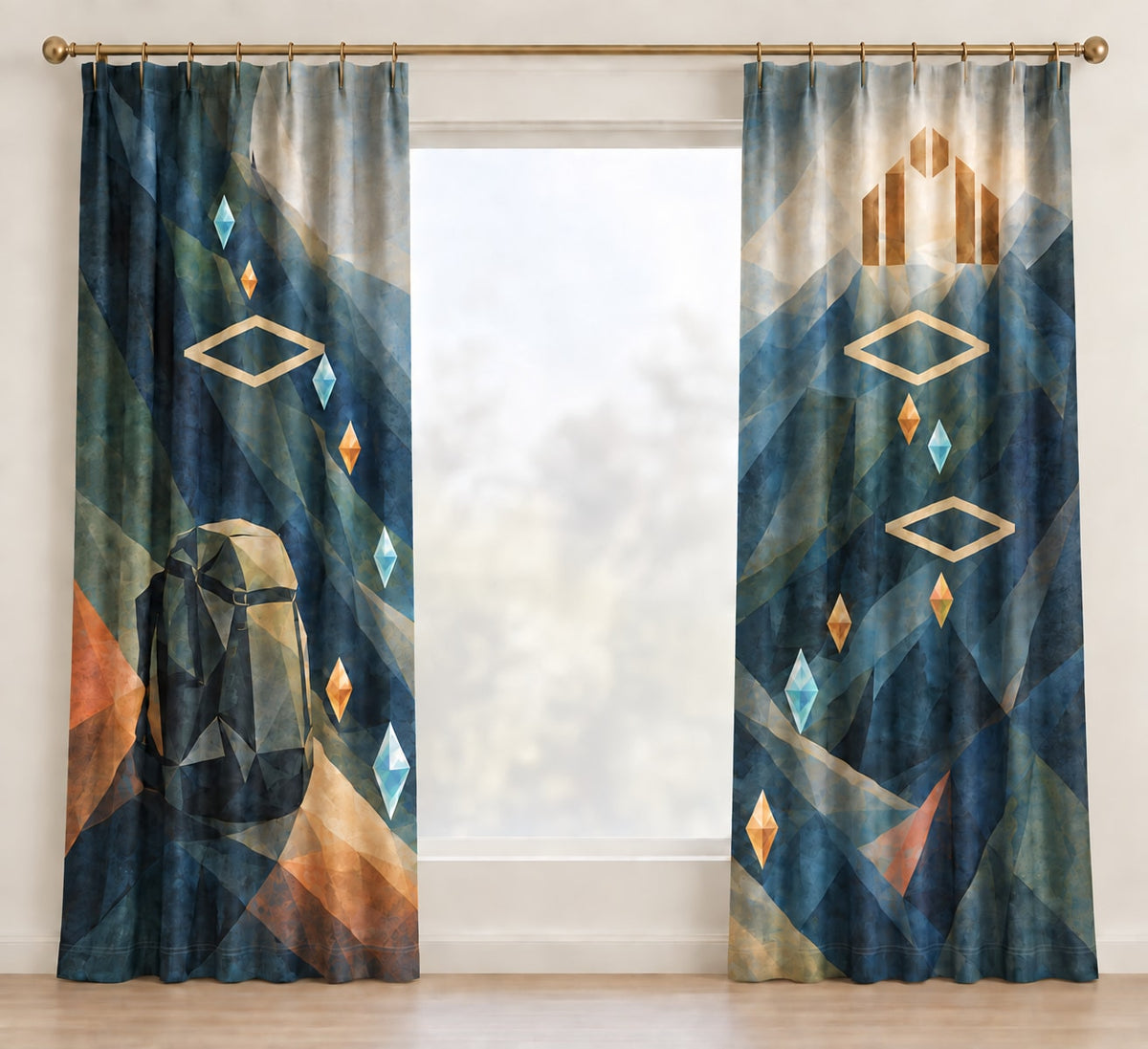 Wayglass Expedition Passage Window Curtain Pair with dimensional printed themed artwork; representative AI-generated mockup.