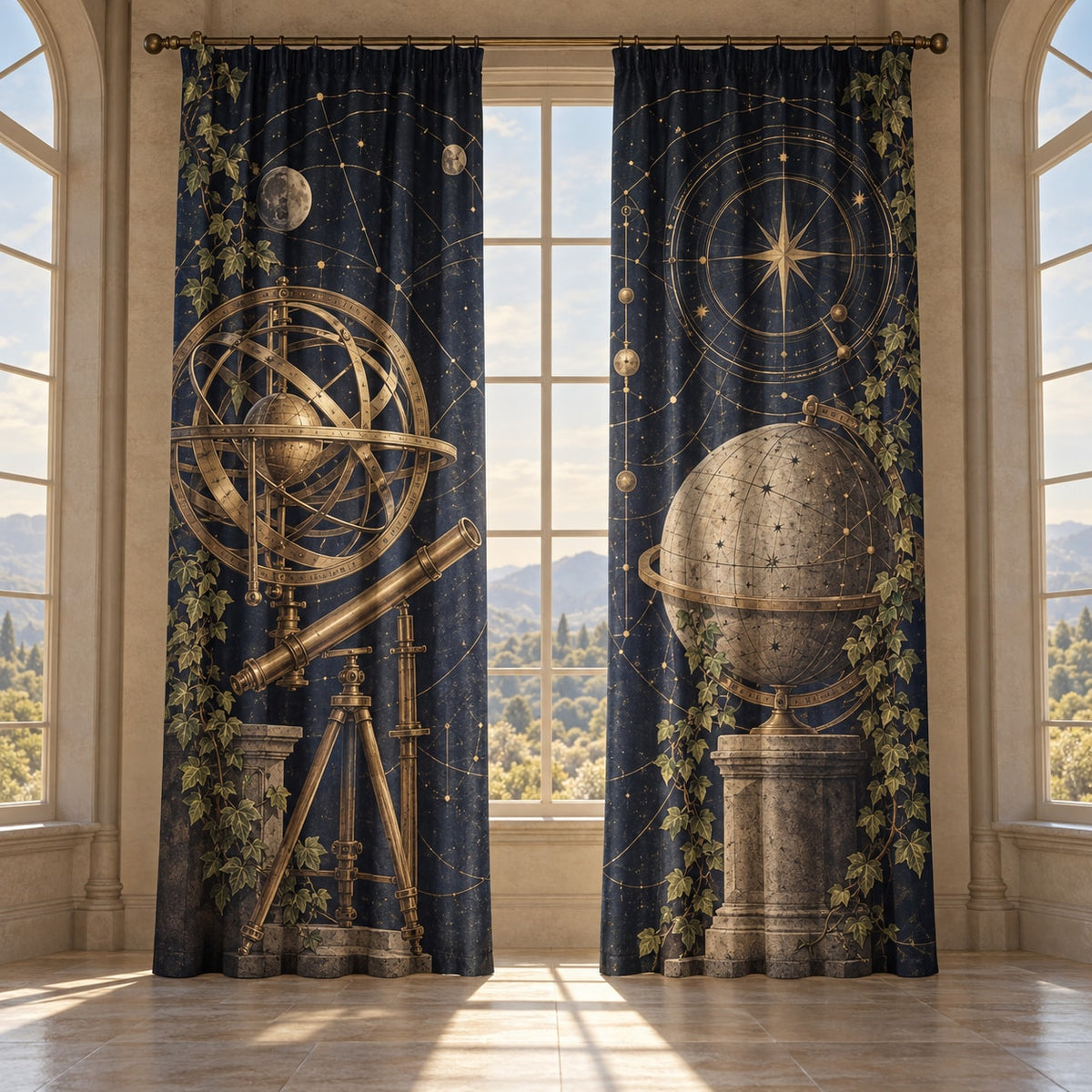 Ancient Observatory Window Curtain Pair with dimensional printed themed artwork; representative AI-generated mockup.