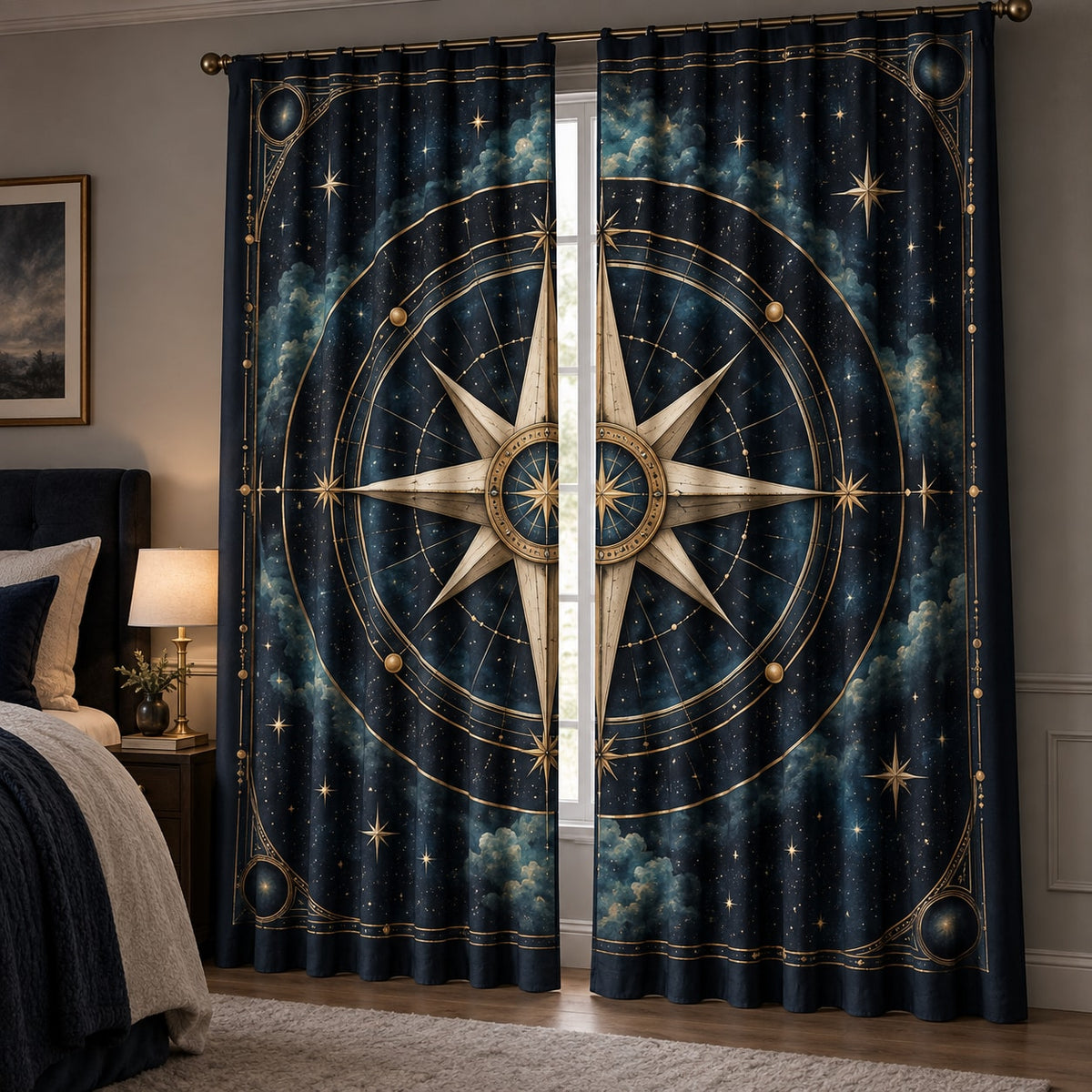Star Compass Window Curtain Pair with dimensional printed themed artwork; representative AI-generated mockup.