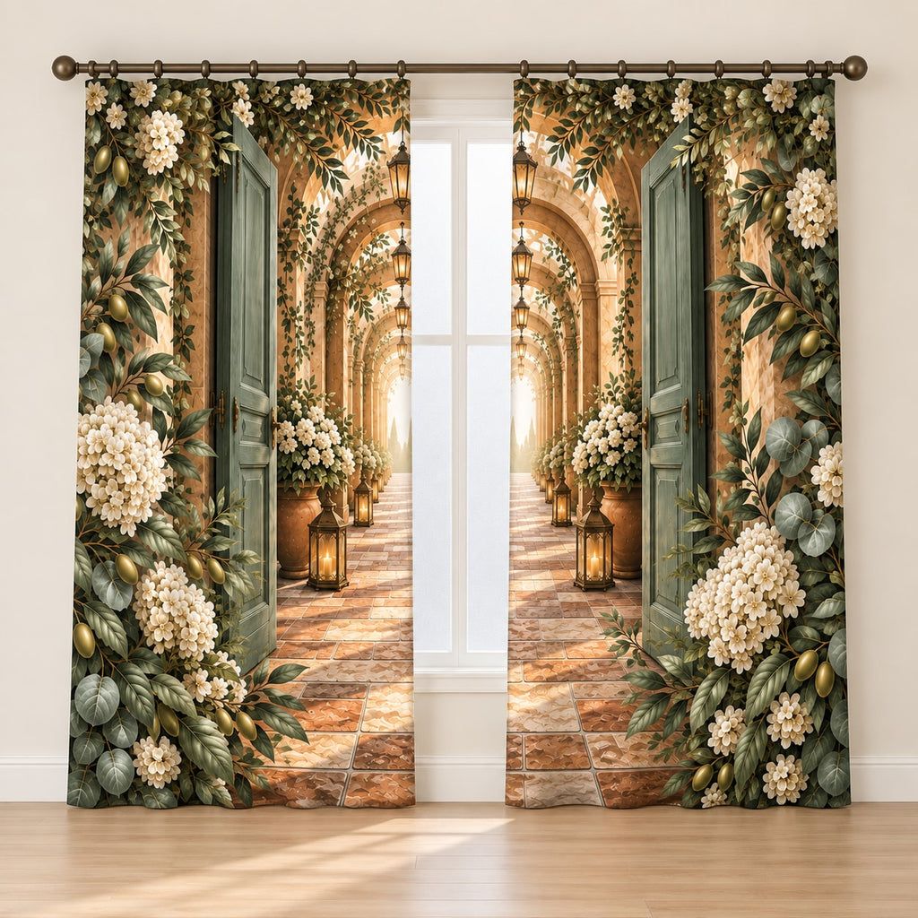 Housewarming Lantern Portal Window Curtain Pair with dimensional printed themed artwork; representative AI-generated mockup.