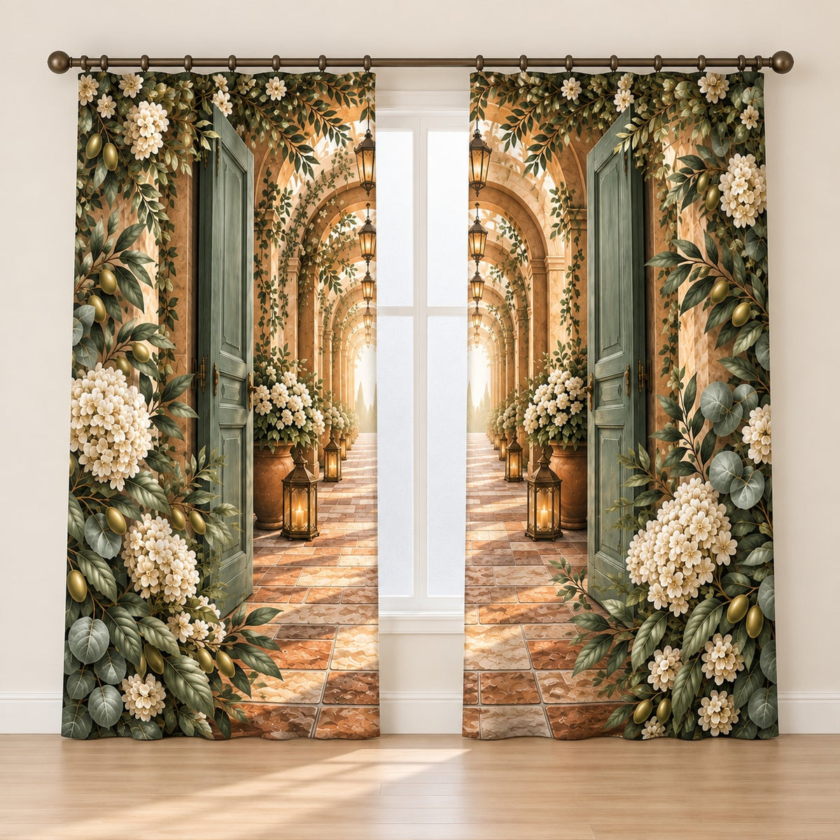 Housewarming Lantern Portal Window Curtain Pair with dimensional printed themed artwork; representative AI-generated mockup.