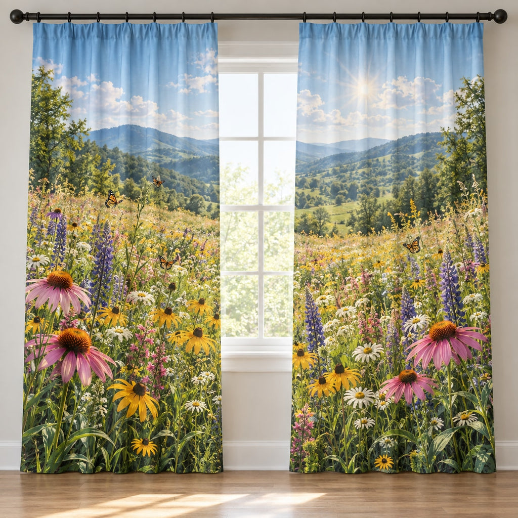 Wildflower Meadow Window Curtain Pair with dimensional printed themed artwork; representative AI-generated mockup.