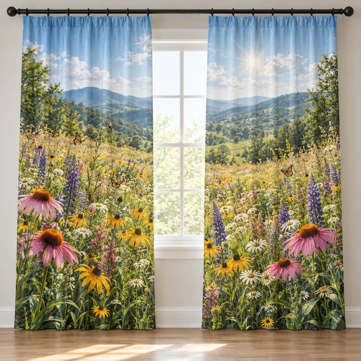 Wildflower Meadow Window Curtain Pair with dimensional printed themed artwork; representative AI-generated mockup.