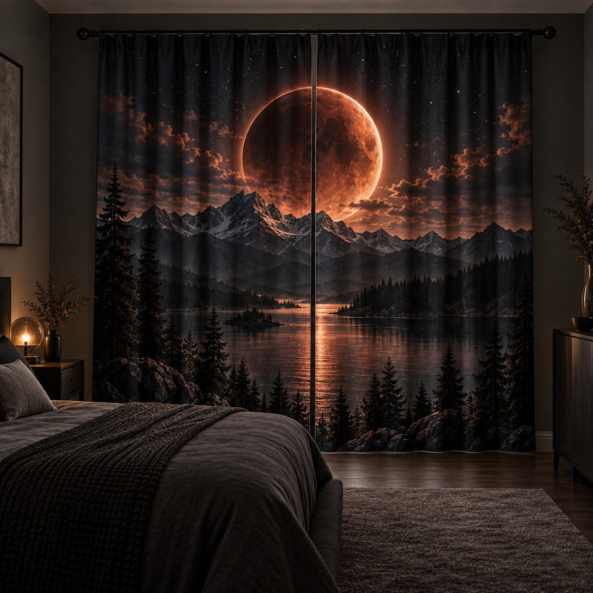 Lunar Eclipse Window Curtain Pair with dimensional printed themed artwork; representative AI-generated mockup.