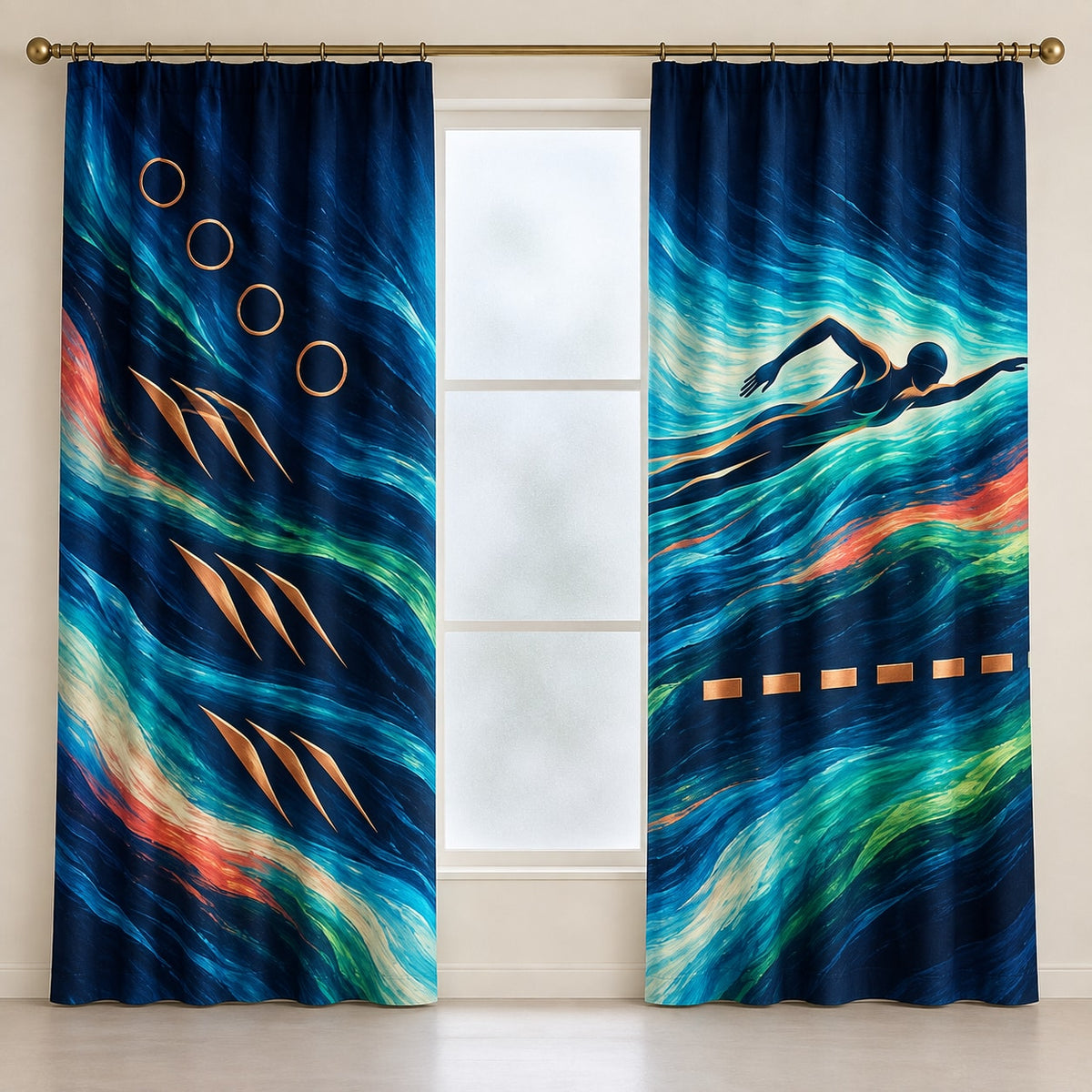 Luminous Lane Resonance Window Curtain Pair with dimensional printed themed artwork; representative AI-generated mockup.