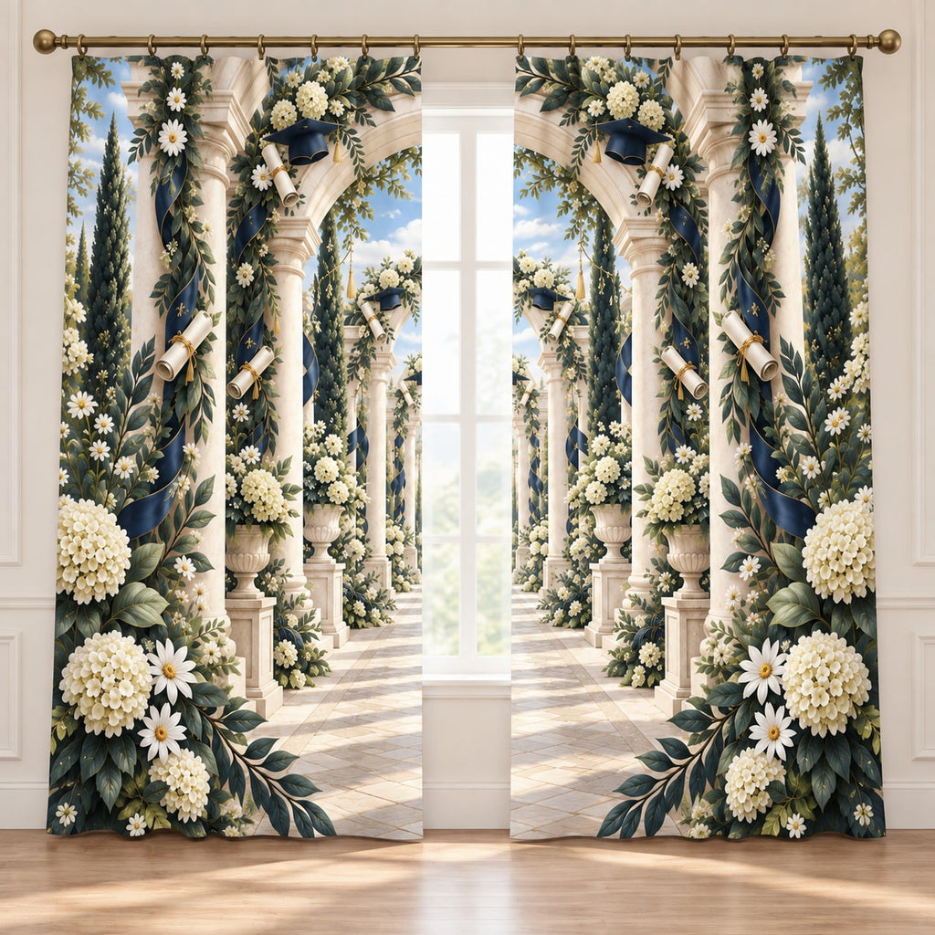 Graduation Laurel Colonnade Window Curtain Pair with dimensional printed themed artwork; representative AI-generated mockup.
