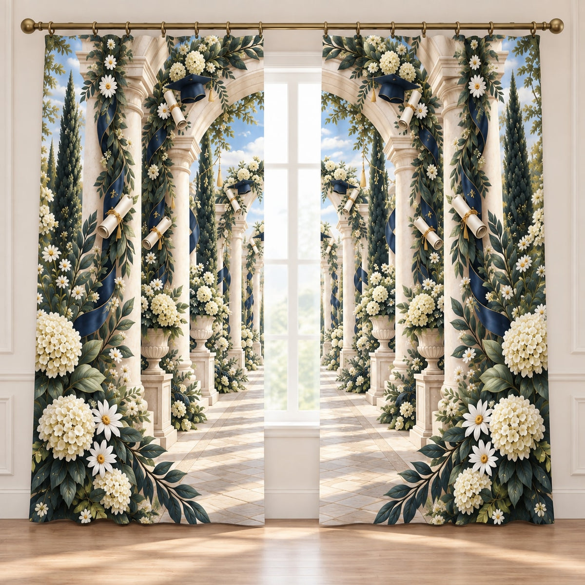 Graduation Laurel Colonnade Window Curtain Pair with dimensional printed themed artwork; representative AI-generated mockup.