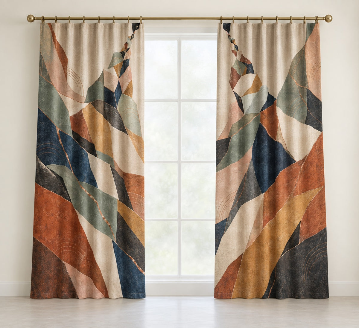 Clayfire Stratafall Window Curtain Pair with dimensional printed themed artwork; representative AI-generated mockup.