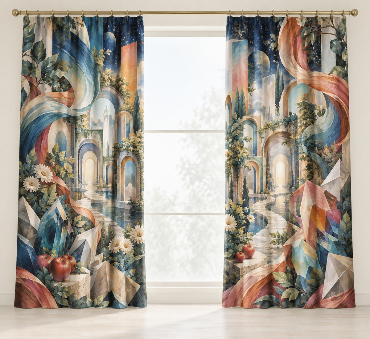 Chromatic Imagination Atelier Window Curtain Pair with dimensional printed themed artwork; representative AI-generated mockup.
