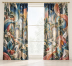 Chromatic Imagination Atelier Window Curtain Pair with dimensional printed themed artwork; representative AI-generated mockup.