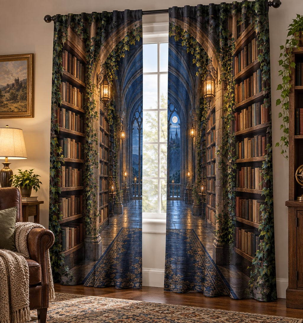 Enchanted Library Arch Window Curtain Pair with dimensional printed themed artwork; representative AI-generated mockup.