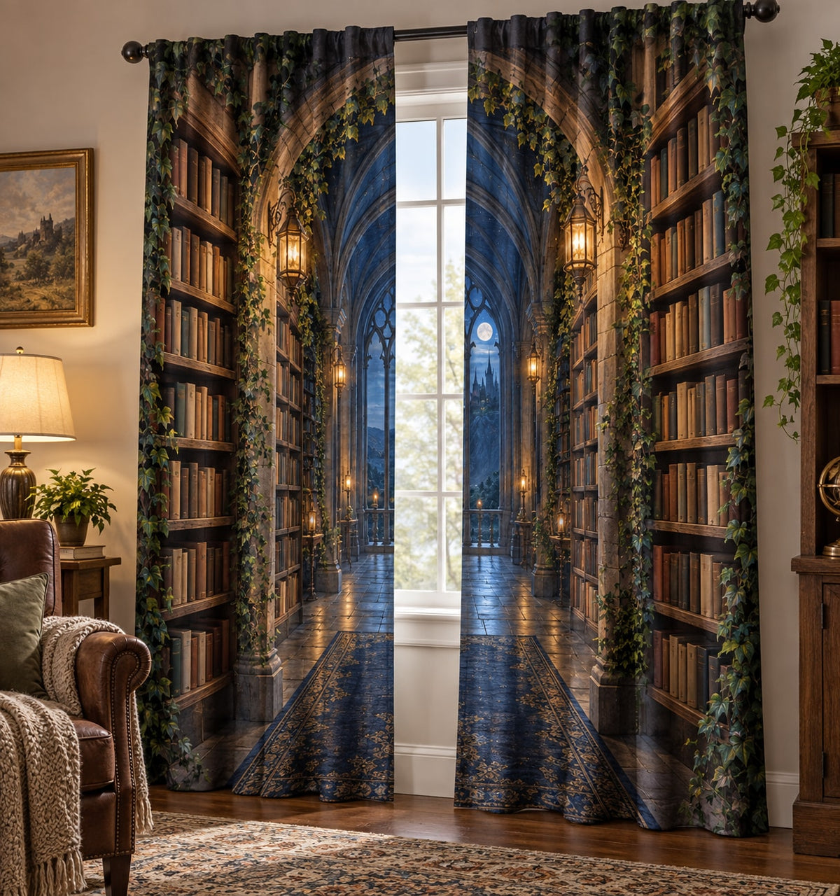Enchanted Library Arch Window Curtain Pair with dimensional printed themed artwork; representative AI-generated mockup.