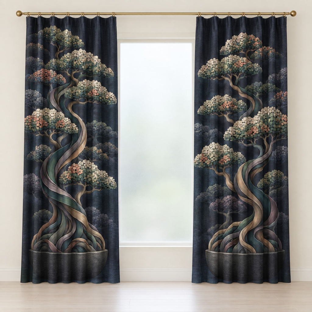 Midnight Bonsai Cloudrise Window Curtain Pair with dimensional printed themed artwork; representative AI-generated mockup.