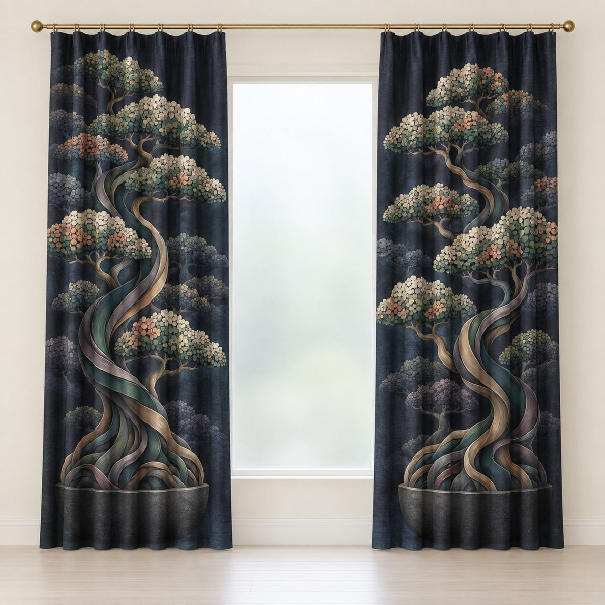 Midnight Bonsai Cloudrise Window Curtain Pair with dimensional printed themed artwork; representative AI-generated mockup.