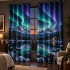 Northern Lights Window Curtain Pair with dimensional printed themed artwork; representative AI-generated mockup.