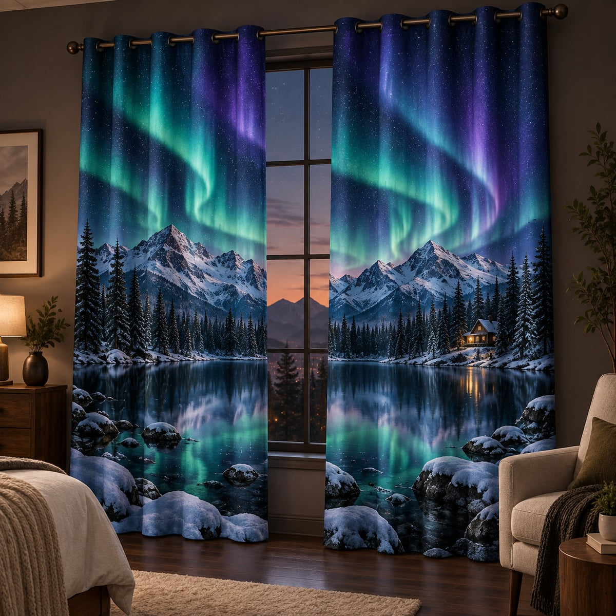 Northern Lights Window Curtain Pair with dimensional printed themed artwork; representative AI-generated mockup.