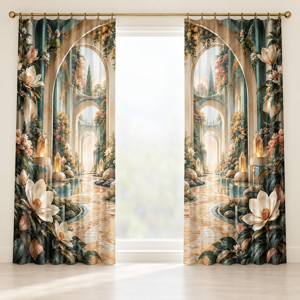 Voice Bloom Resonance Atrium Window Curtain Pair with dimensional printed themed artwork; representative AI-generated mockup.
