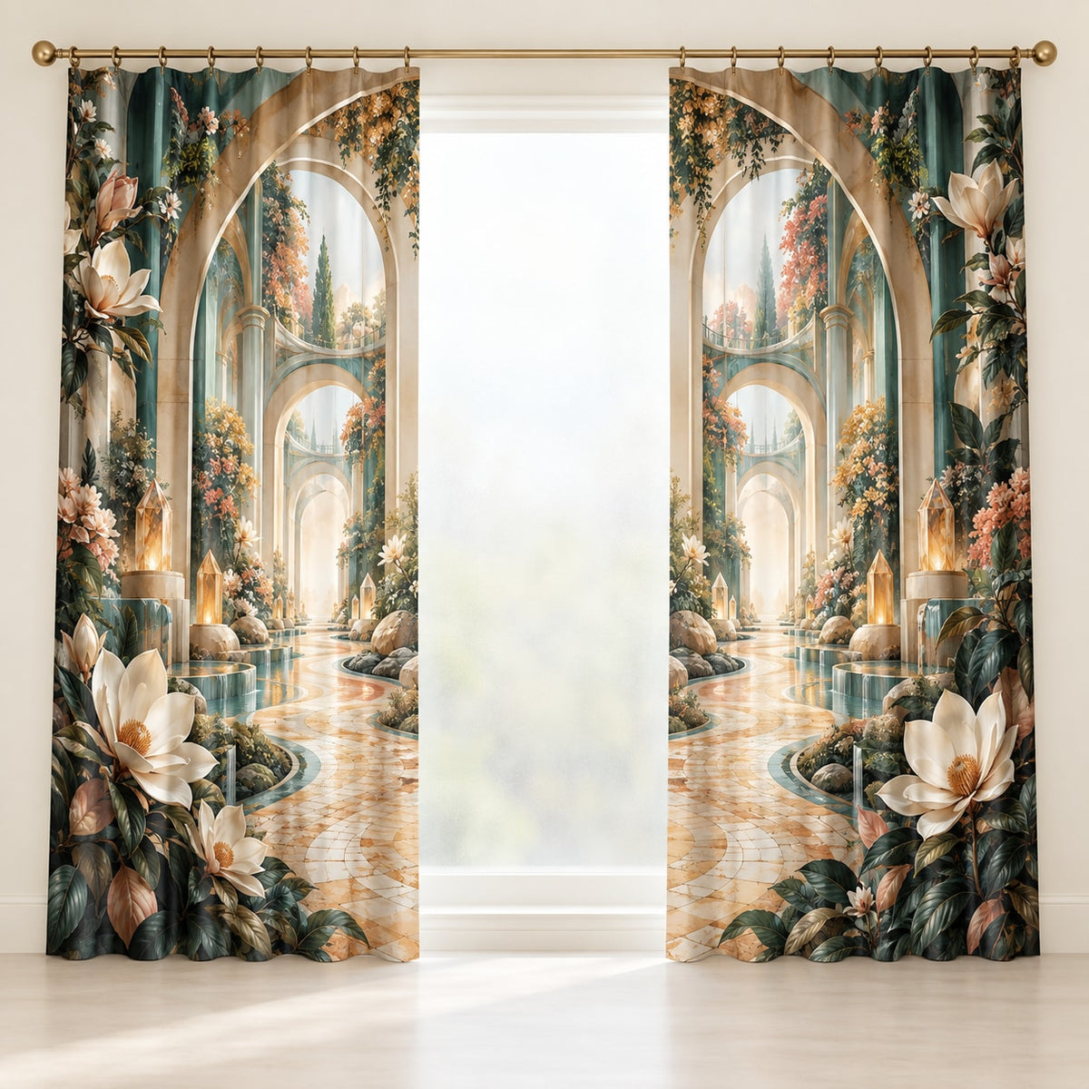 Voice Bloom Resonance Atrium Window Curtain Pair with dimensional printed themed artwork; representative AI-generated mockup.