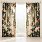 Voice Bloom Resonance Atrium Window Curtain Pair with dimensional printed themed artwork; representative AI-generated mockup.