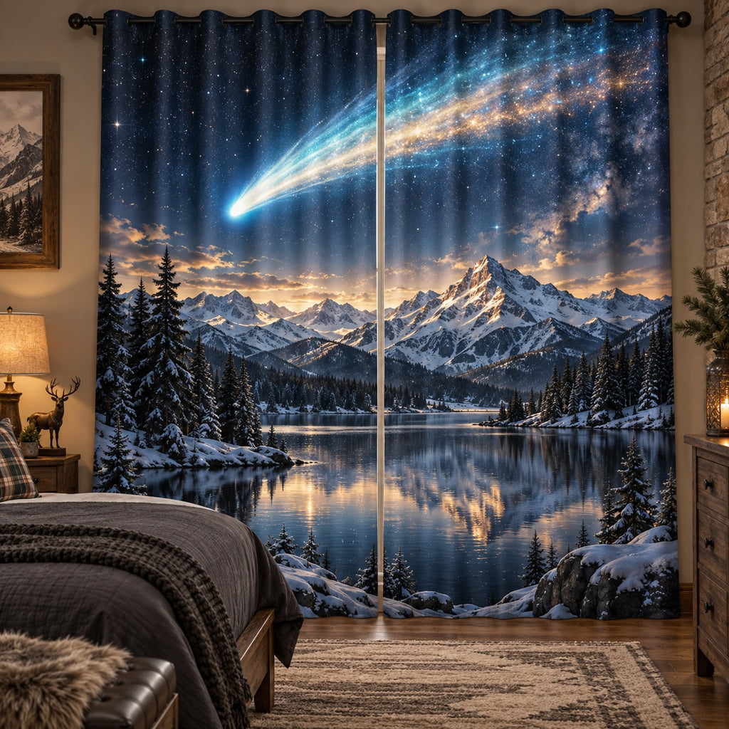 Comet Trail Window Curtain Pair with dimensional printed themed artwork; representative AI-generated mockup.