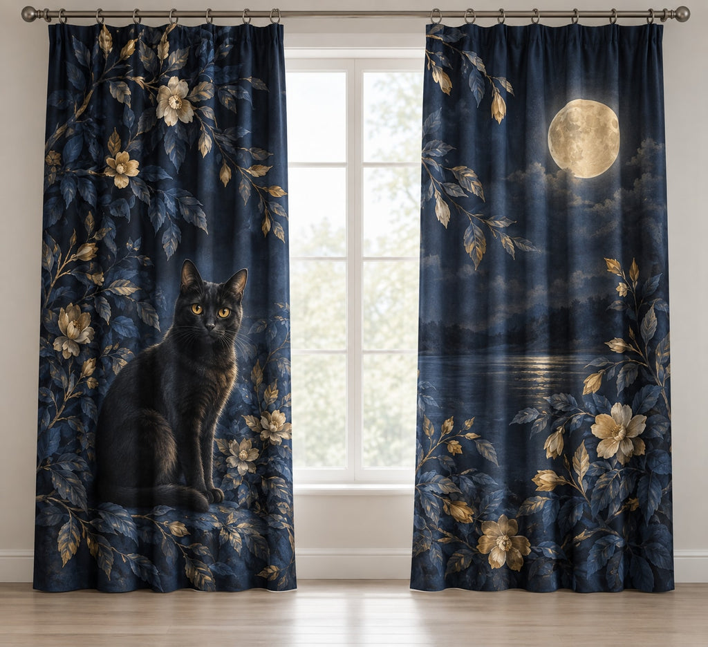 Black Cat Companion Window Curtain Pair with dimensional printed themed artwork; representative AI-generated mockup.