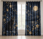 Black Cat Companion Window Curtain Pair with dimensional printed themed artwork; representative AI-generated mockup.