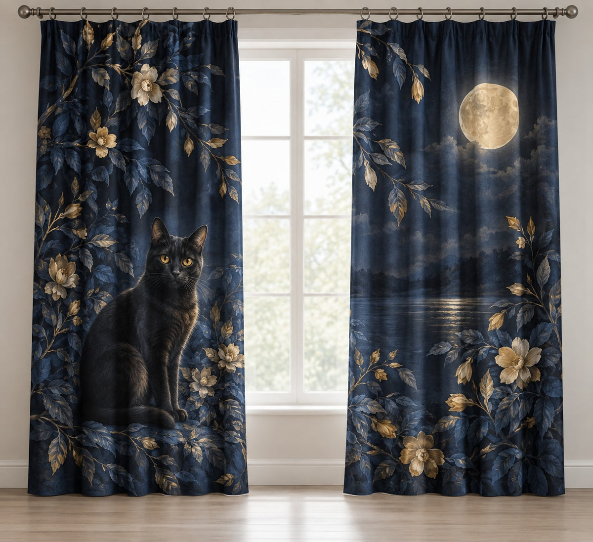 Black Cat Companion Window Curtain Pair with dimensional printed themed artwork; representative AI-generated mockup.