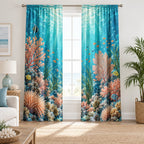 Coral Reef Window Curtain Pair with dimensional printed themed artwork; representative AI-generated mockup.