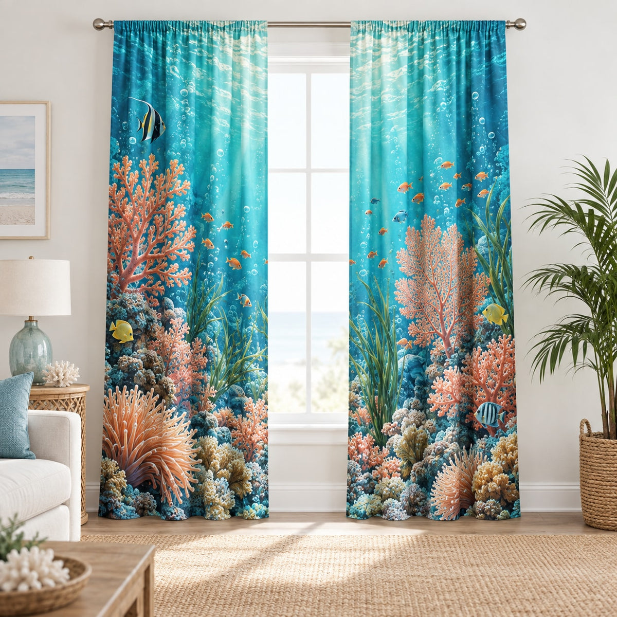 Coral Reef Window Curtain Pair with dimensional printed themed artwork; representative AI-generated mockup.