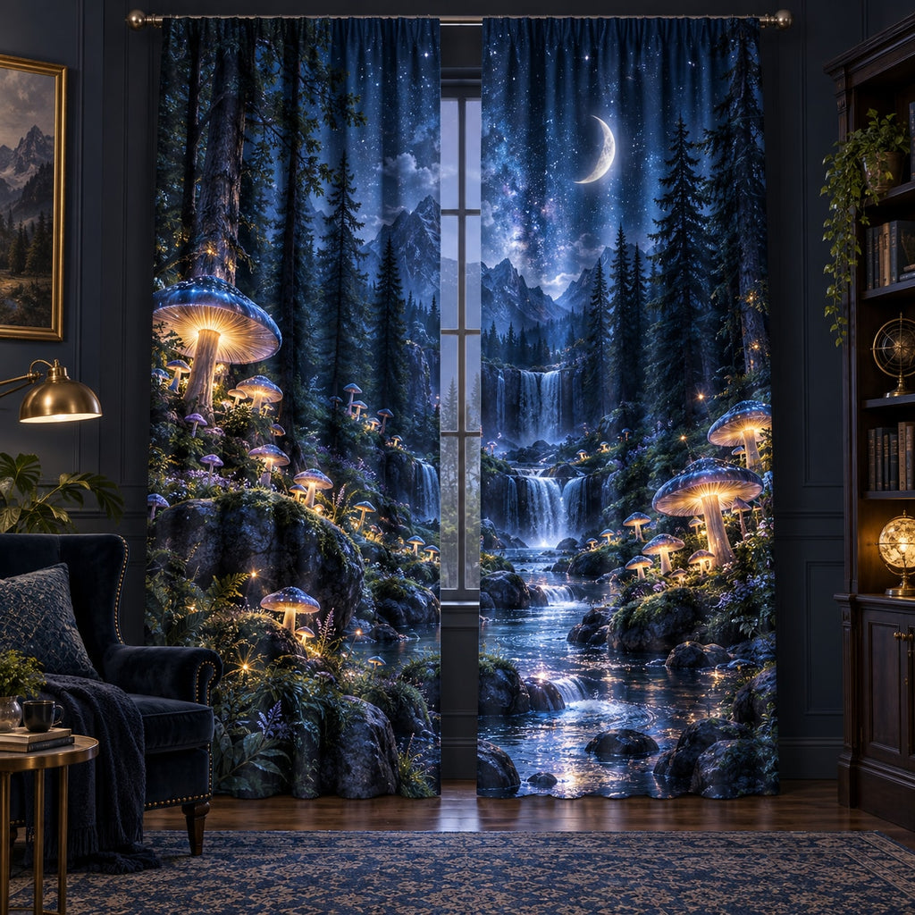 Celestial Mushroom Forest Window Curtain Pair with dimensional printed themed artwork; representative AI-generated mockup.