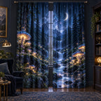 Celestial Mushroom Forest Window Curtain Pair with dimensional printed themed artwork; representative AI-generated mockup.
