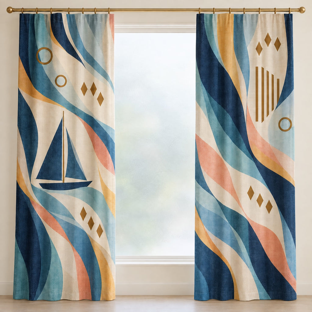 Windward Loom Weekend Window Curtain Pair with dimensional printed themed artwork; representative AI-generated mockup.