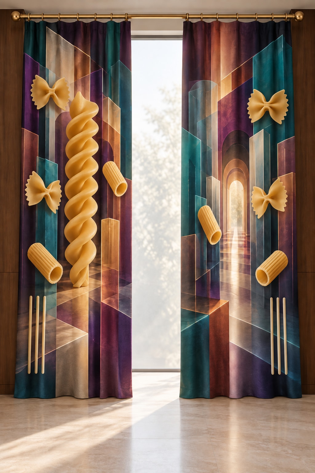 Pasta Form Parallax Window Curtain Pair with dimensional printed themed artwork; representative AI-generated mockup.