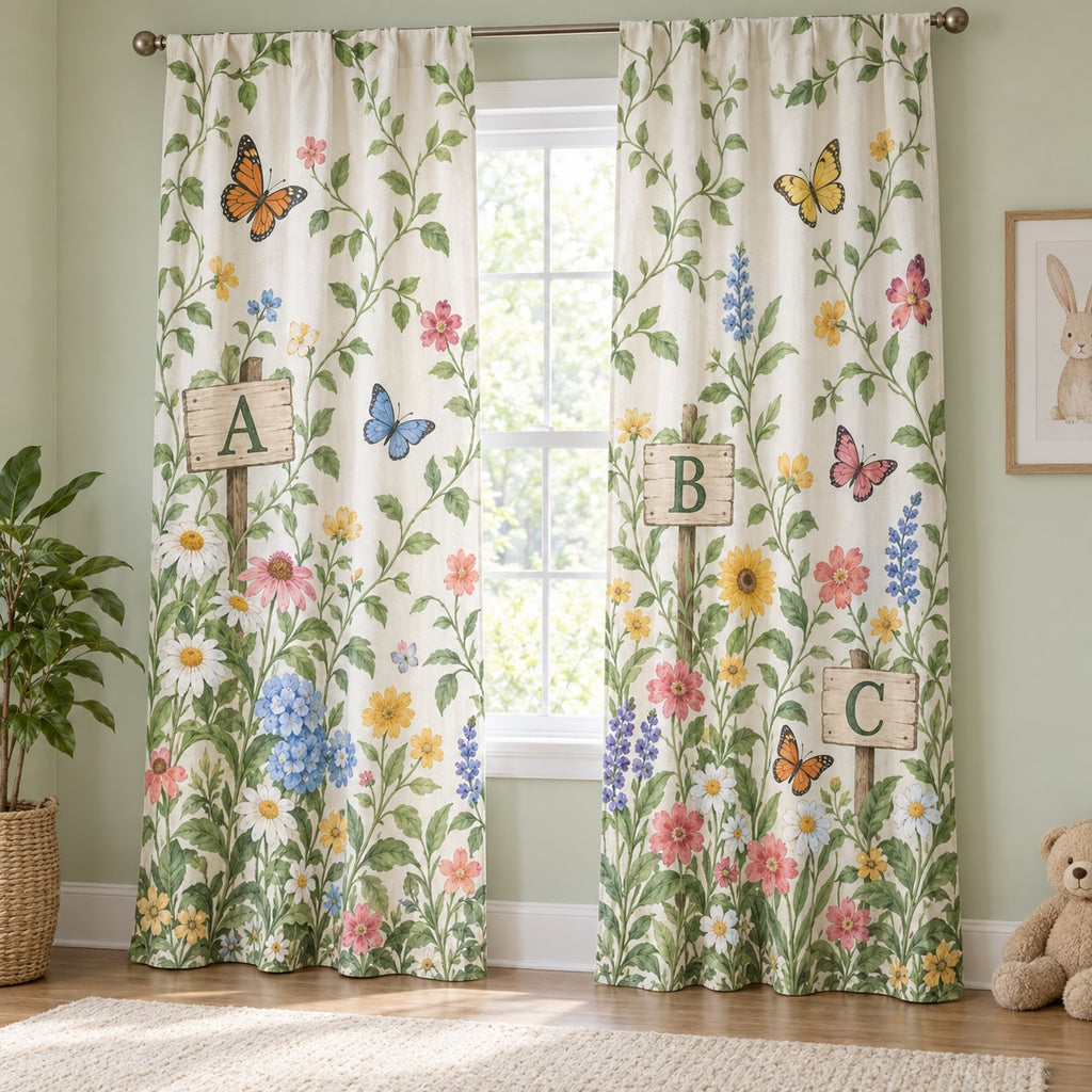 Alphabet Garden Window Curtain Pair with dimensional printed themed artwork; representative AI-generated mockup.