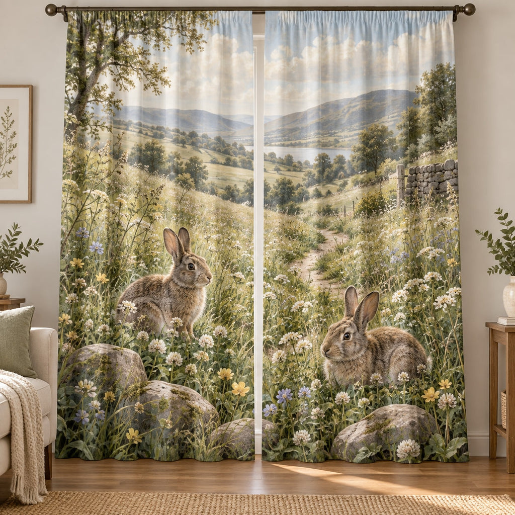 Rabbit Meadow Window Curtain Pair with dimensional printed themed artwork; representative AI-generated mockup.