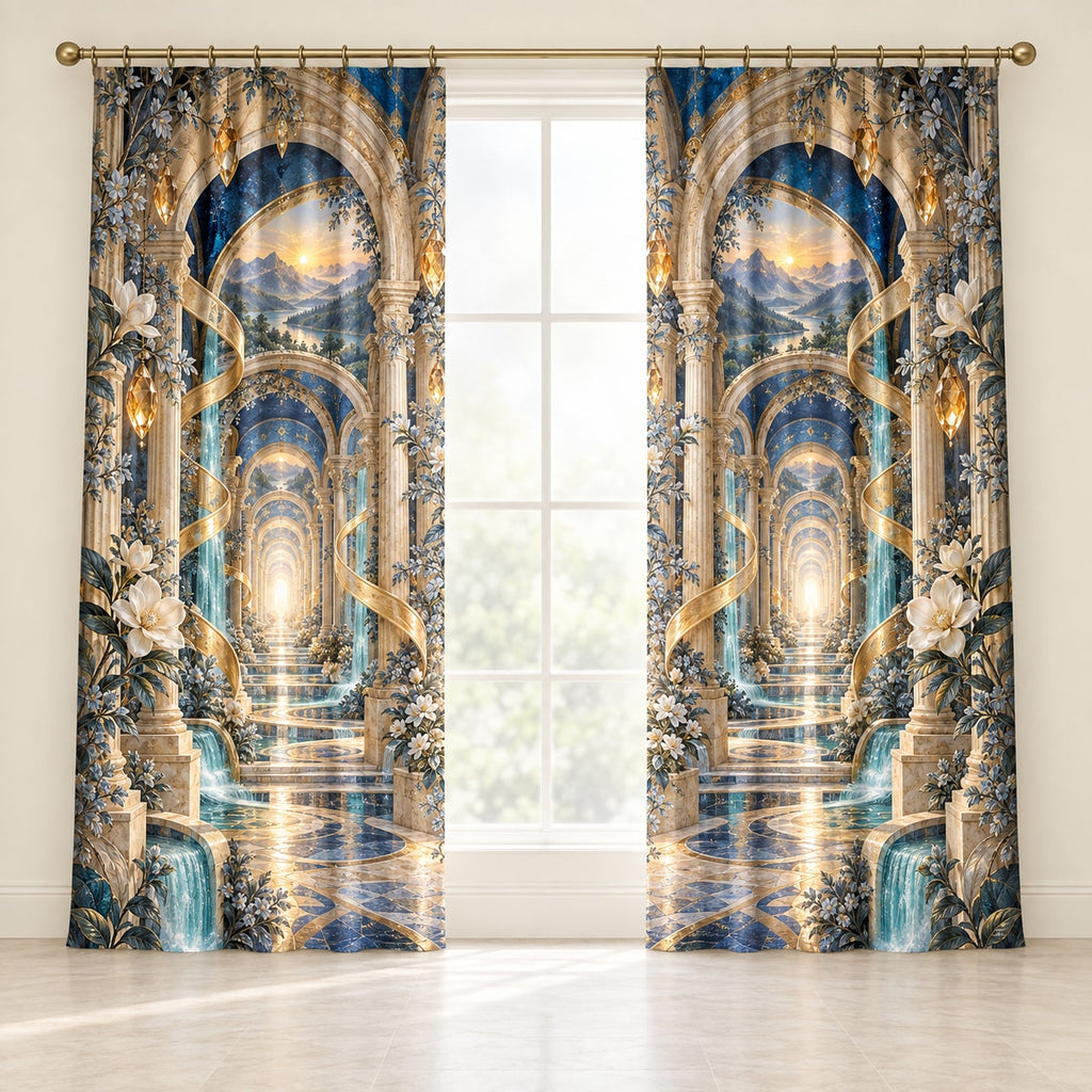 Physical Therapy Motion Atrium Window Curtain Pair with dimensional printed themed artwork; representative AI-generated mockup.