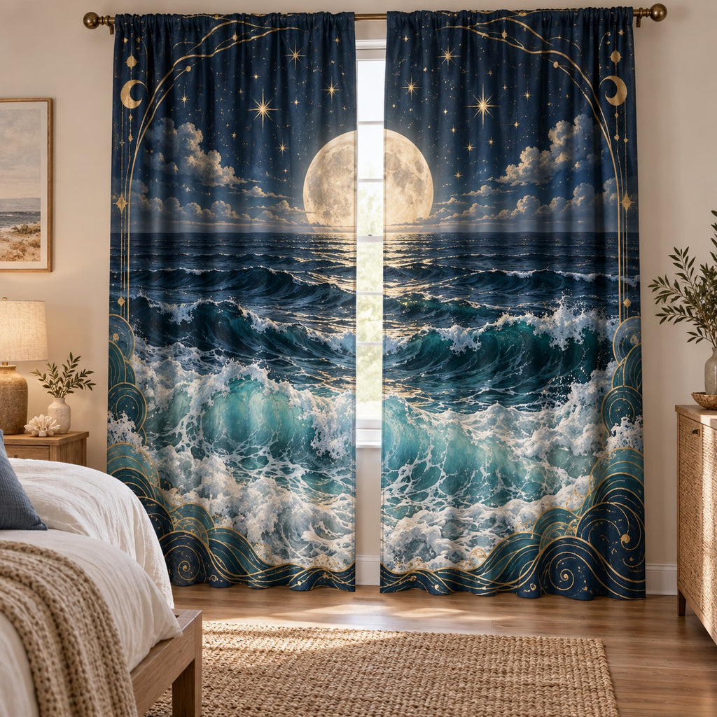 Celestial Ocean Tide Window Curtain Pair with dimensional printed themed artwork; representative AI-generated mockup.