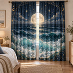 Celestial Ocean Tide Window Curtain Pair with dimensional printed themed artwork; representative AI-generated mockup.